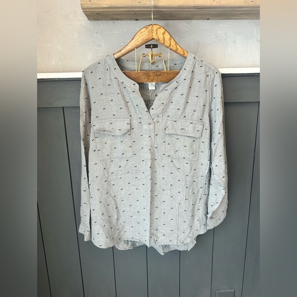 CJ Banks Gray Button Down Polka Dot Blouse 1X